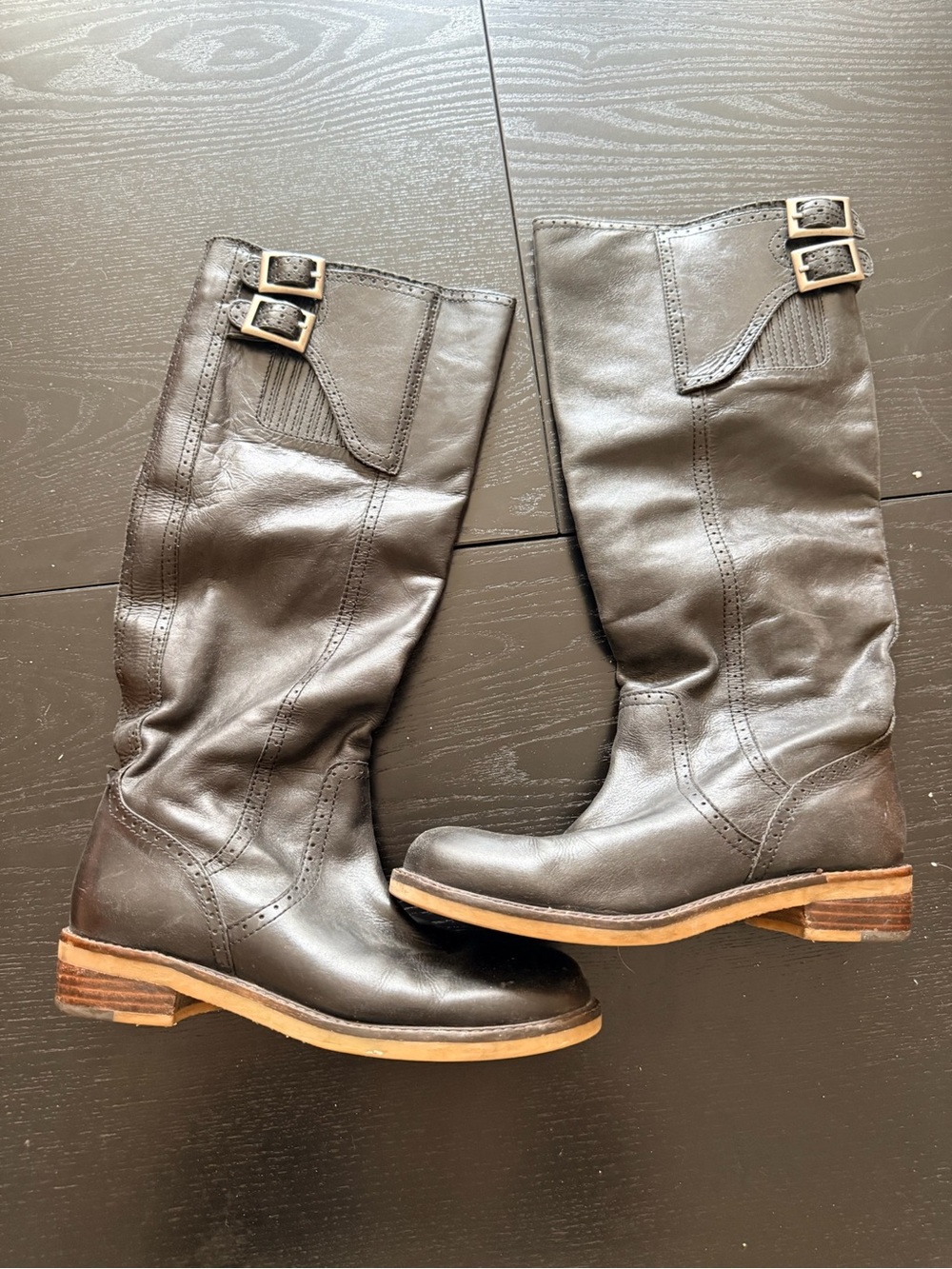 Lucky Brand Women's Tall Brown Leather Riding Boots with Buckles